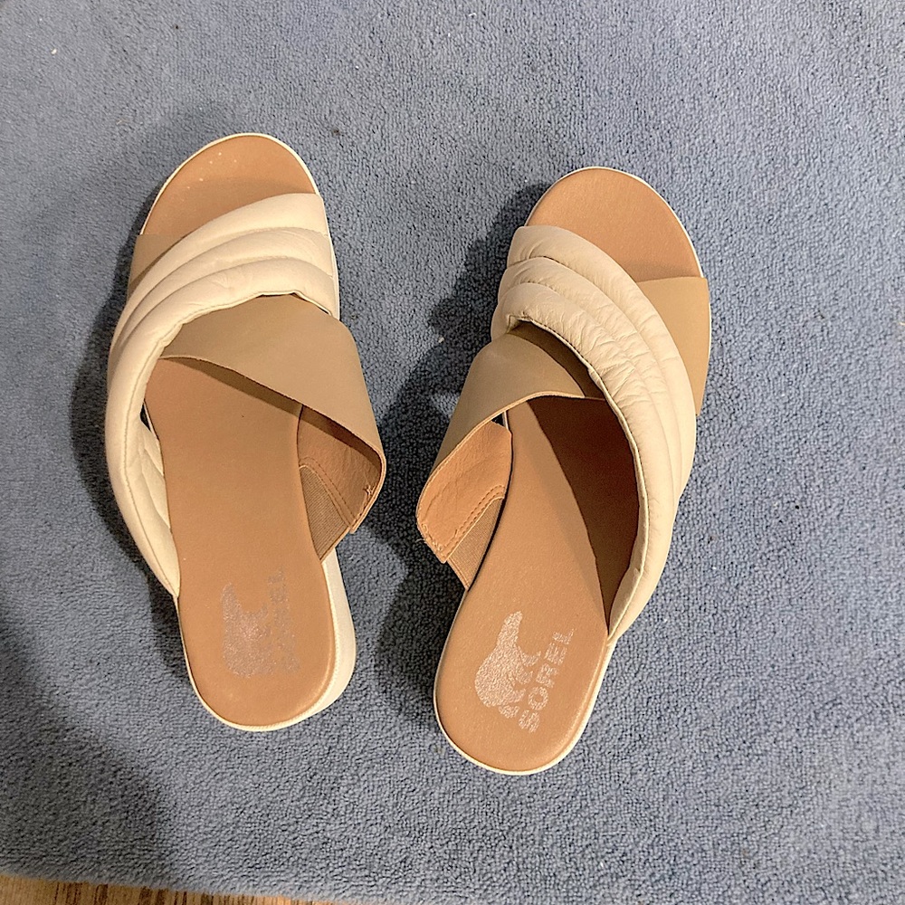Off white/tan strap wedge Comfortable and go with everything.